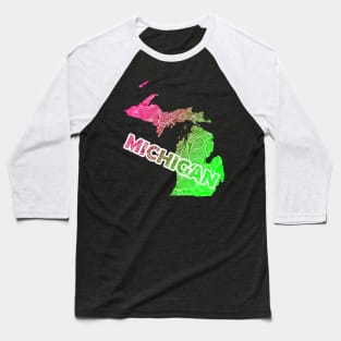Colorful mandala art map of Michigan with text in pink and green Baseball T-Shirt